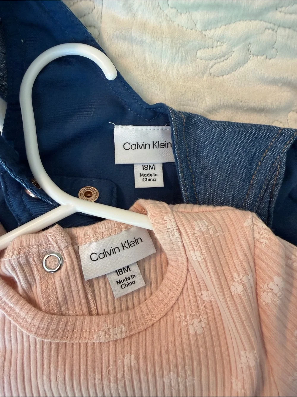 Calvin Klein Blue Denim Pinafore with Pink Floral Bodysuit 18M